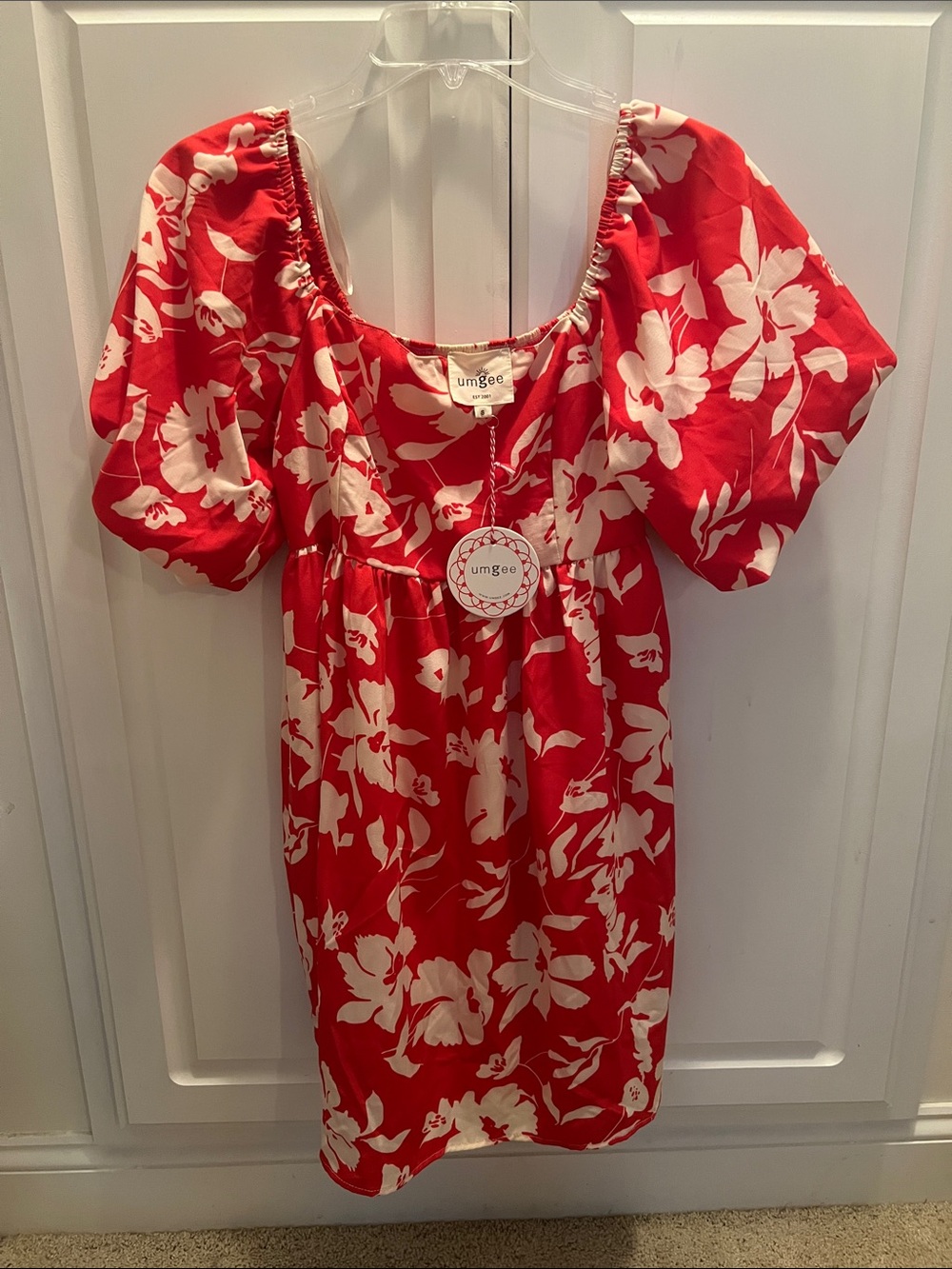 Umgee Red and White Floral Puff-Sleeve Mini Dress